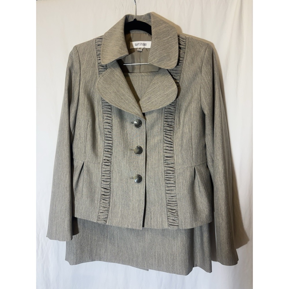 Suit Studio New York‎ Grey Polyester Blend 2 Piece Skirt Suit Size 10P V27